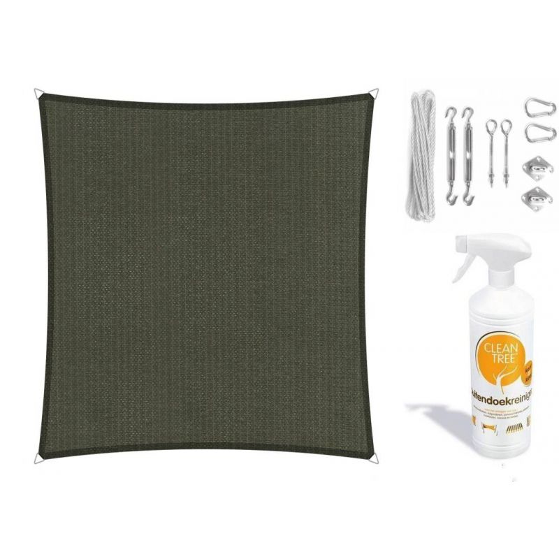 Compleet pakket: Shadow Comfort vierkant 3,6x3,6 Deep Grey met RVS Bevestigingsset en buitendoekreiniger